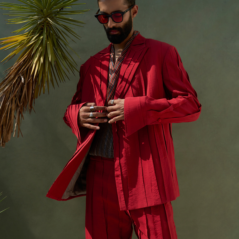 PLEATED EMBER RED SUIT